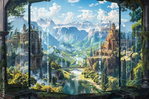 Interactive trading cards that connect to form a larger panoramic view of a fantastical landscape photo