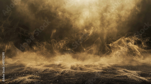 An abstract portrayal of a sandstorm, with fine grains of sand dramatically sweeping across a dark, moody background  photo