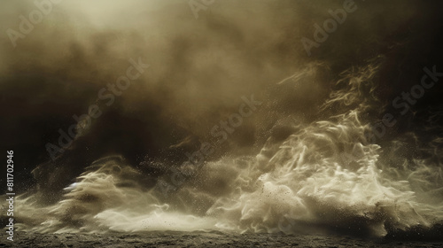 An abstract portrayal of a sandstorm, with fine grains of sand dramatically sweeping across a dark, moody background 