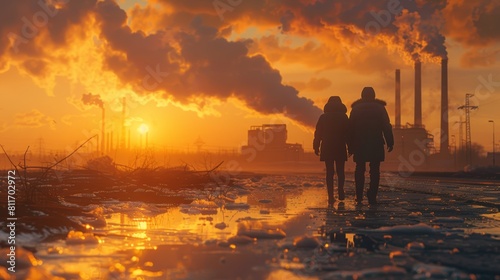 The image shows a couple walking through a polluted city