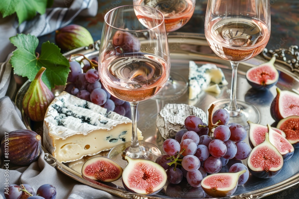 Elegant Wine and Gourmet Cheese Appetizer Selection on a Vintage Tray Elegant Wine and Gourmet Cheese Appetizer Selection on a Vintage Tray