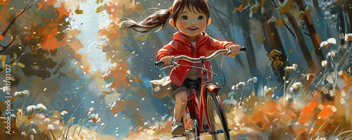 Illustrate a scene where the toddler girls ponytail gets tangled in the bicycle spokes photo