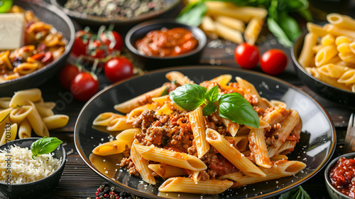 Plates of tasty penne pasta with bolognese sauce on ta photo