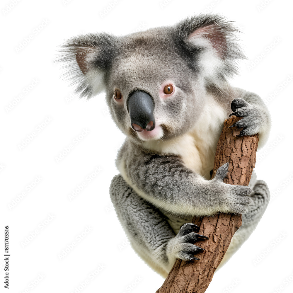 Naklejka premium Koala Clinging to Tree Branch in Natural Habitat, isolated, transparent background, white background, no background