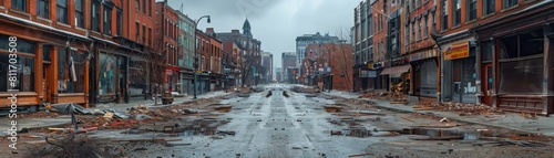 A street with a lot of debris and a few people walking around
