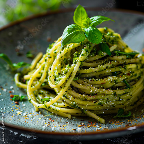 Pesto pasta with basil on a plate. photo