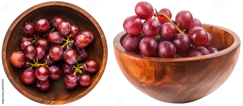 Wooden bowl with red grapes collection, front and top view, isolated on a transparent background Wooden bowl with red grapes collection, front and top view, isolated on a transparent background