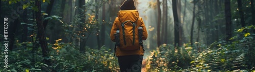 The photo shows a person walking down a forest path photo