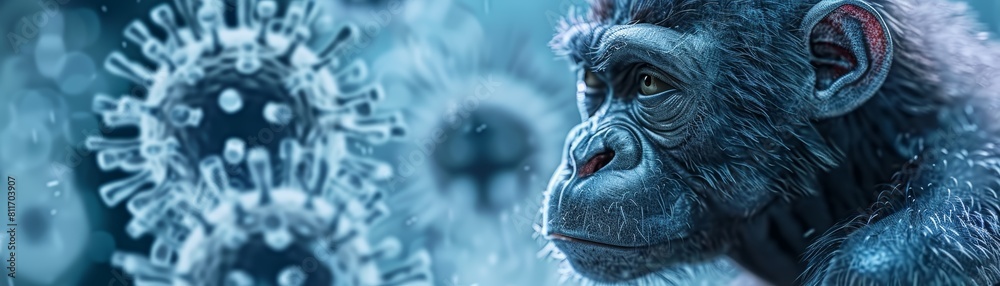 This photo shows a chimpanzee with a virus particle. It is a reminder that we are all connected to the natural world and that we must take care of it. This photo shows a chimpanzee with a virus particle. It is a reminder that we are all connected to the natural world and that we must take care of it.