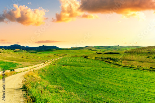 Beautiful landscape of green spring season field with salad grass, farm with garden and sunset or sunrise scenic sky