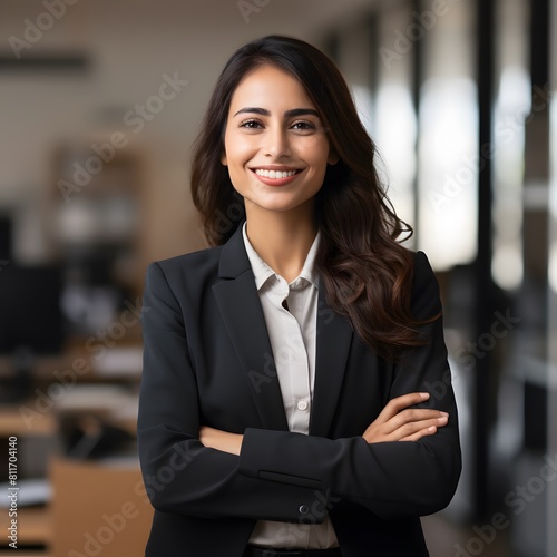 Beautiful smiling Latina business woman in an office. Generative AI.
