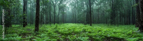 The photo shows a beautiful lush green dense forest with tall tress and green ground plants. photo