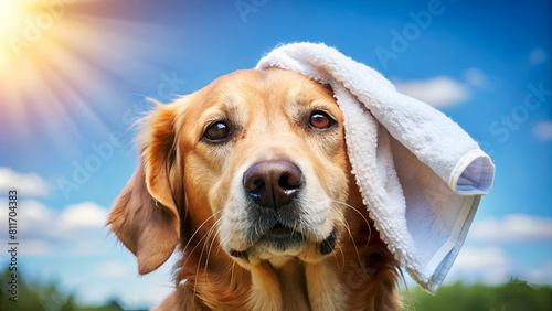 a dog wiping out sweat photo