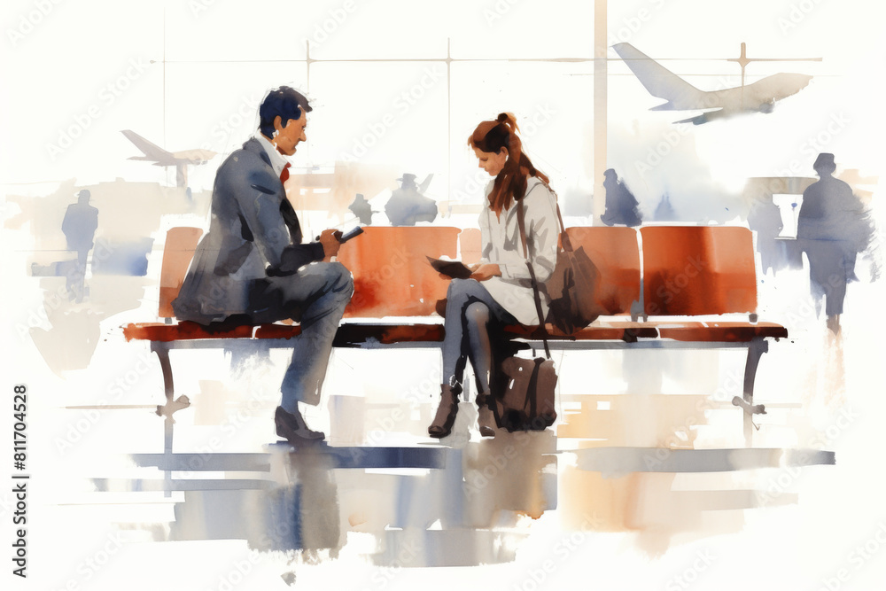 Watercolour style illustration of people waiting in an airport Watercolour style illustration of people waiting in an airport