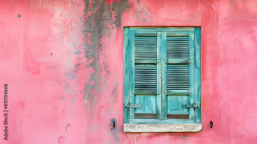 A vintage window on the pink wall