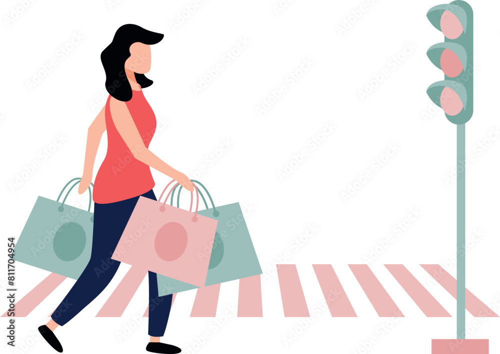 A girl is crossing the road carrying shopping bags. A girl is crossing the road carrying shopping bags.