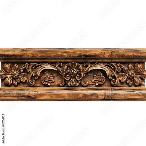 Highly detailed, natural wood trim with intricate floral carvings. The wood has a rich, dark brown color and the carvings are light brown. The trim is perfect for adding a touch of elegance to any roo photo