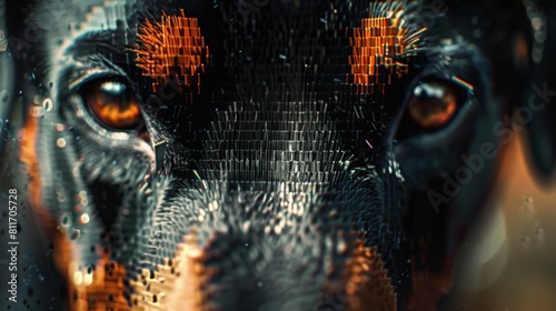 A close-up of a Doberman Pinscher's face. The dog has dark brown eyes, a black nose, cropped ears and is looking at the camera with a serious expression.