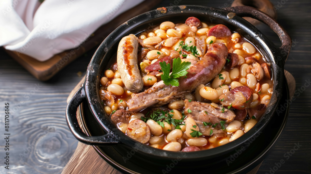 French Cassoulet Dish, Hearty Bean Stew From the South of France Containing White Beans, Duck or Goose Confit, Sausages and Lamb French Cassoulet Dish, Hearty Bean Stew From the South of France Containing White Beans, Duck or Goose Confit, Sausages and Lamb