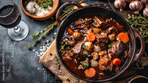 French Beef Bourguignon Dish, Stew Braised in Red Burgundy Wine, Cooked with Carrots, Onions, Garlic, a Bouquet Garni, Mushrooms and Lardons photo
