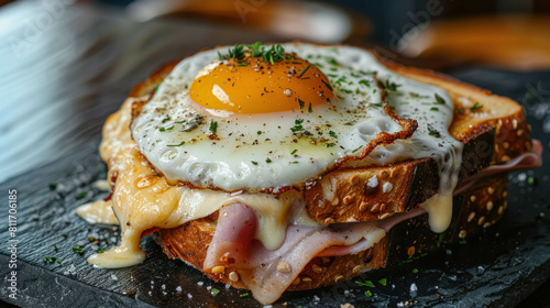 French Croque Madame Dish, Similar To The French Croque Monsieur But With the Addition of a Fried Egg on Top  photo