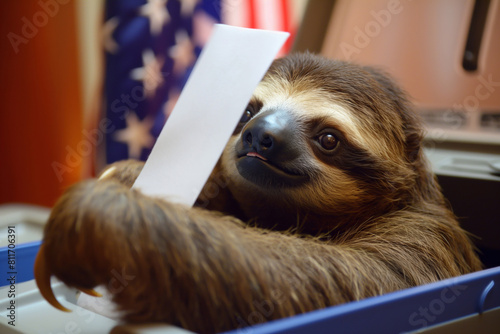  The elections. Threetoed sloth holding paper among Canidae canine breeds at wildlife event. Generative AI photo
