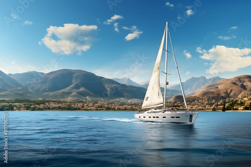 Yacht in the sea against the background of mountains and blue sky