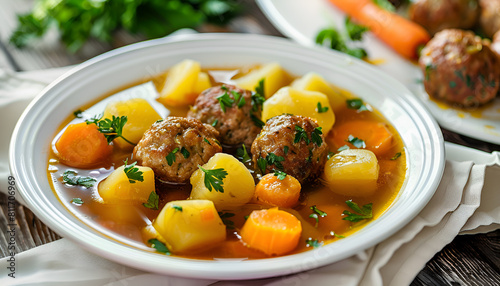 classic meatball soup with potatoes and herbs, carrot A white plate with, top view