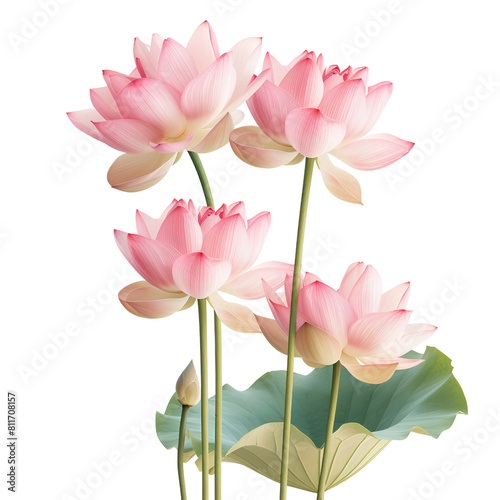 Elegant Pink Lotus Flowers with Lush Green Leaves, isolated, transparent background, white background, no background