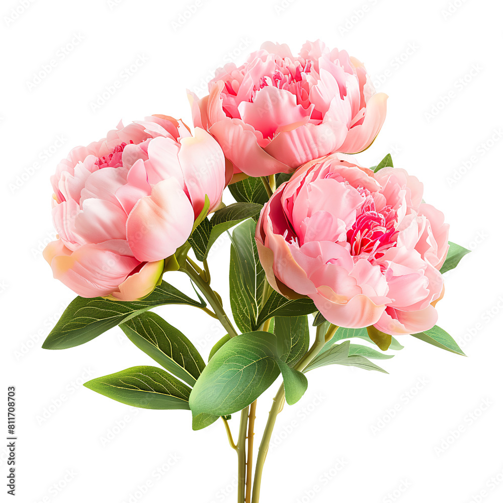 Elegant Bouquet of Pink Peony Flowers with Lush Green Leaves, isolated, transparent background, white background, no background