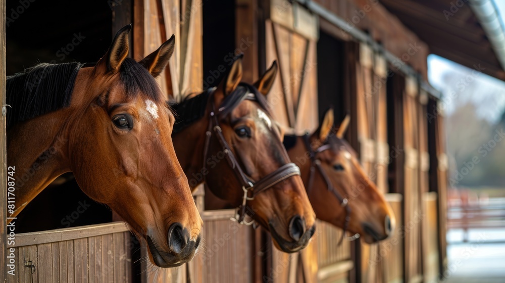 Fototapeta premium Horses Peeking Out From Stable Boxes