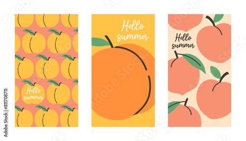 Summer poster peach set in flat style. Art for poster, postcard, wall art, banner background