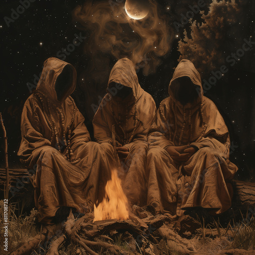 AI generated mystical illustration of three spirits in the forest