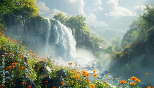 A powerful waterfall plunging into a river  creating a misty haze around the rocks and vibrant wildflowers nearby