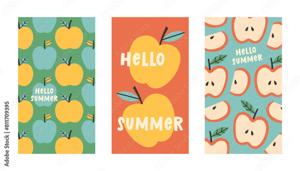 Summer poster apple set in flat style. Art for poster, postcard, wall art, banner background