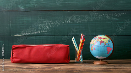 Red pencil case with school stationery and globe