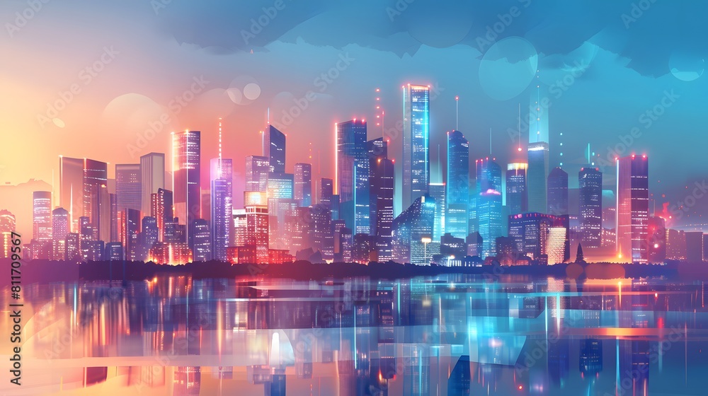 Obraz premium Smart City dazzling cityscape view at dusk with skyscrapers 