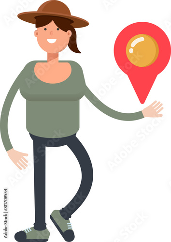 Woman in Hat Character Holding Map Pin 