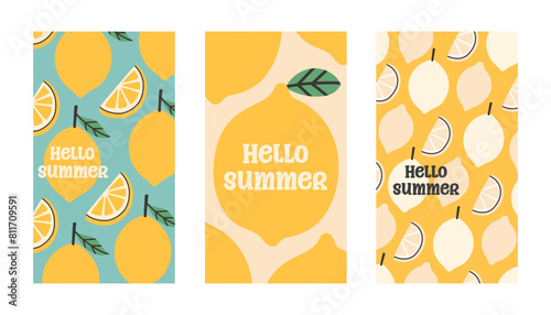 Summer poster lemon set in flat style. Art for poster, postcard, wall art, banner background