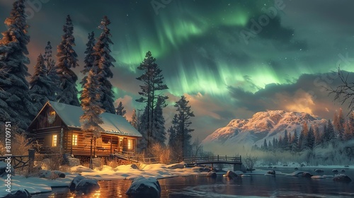 A rustic wooden cabin with a clear view of the aurora borealis, surrounded by pine trees and snow
