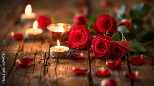 Red roses and burning candles on wooden background. 