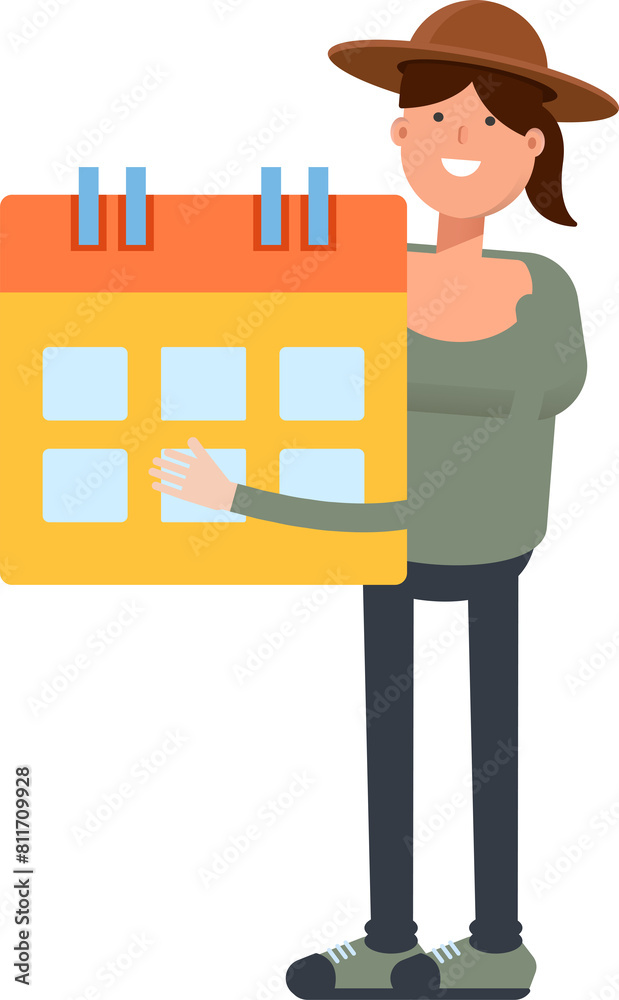Woman in Hat Character Holding Calendar
