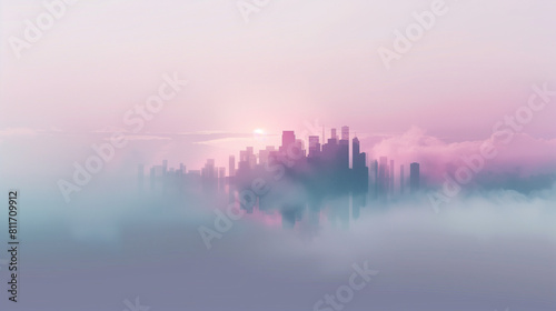 A tranquil scene depicting a small city emerging from a misty  pale background  bathed in pastel hues. The serene atmosphere evokes a sense of calm and tranquility  inviting viewers to immerse them
