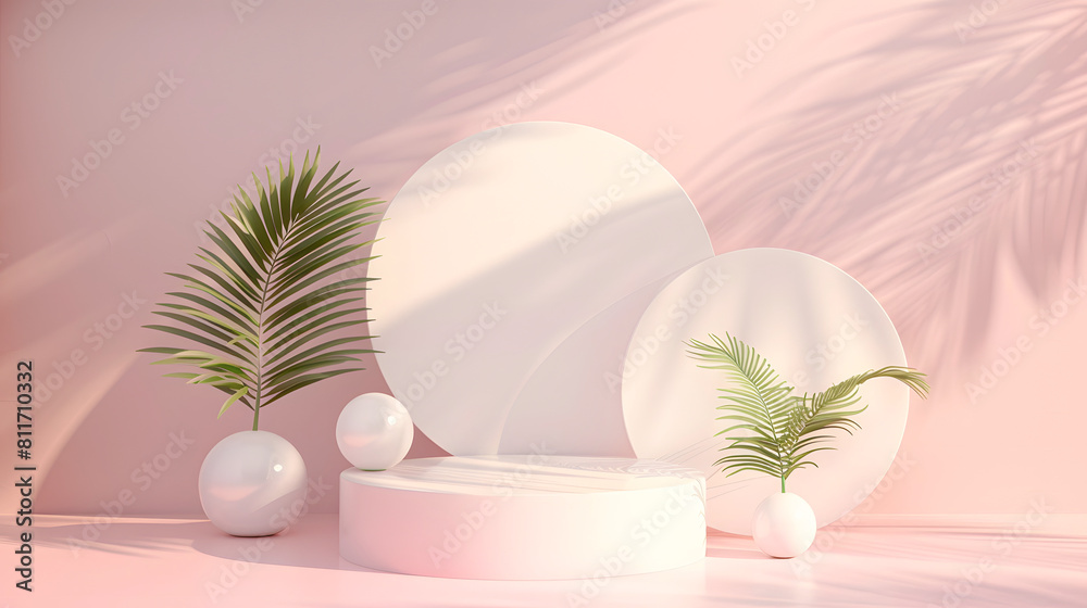 Fototapeta premium Product podium 3d. Empty podium or pedestal display pink background with cylinder stand,abstract blank product shelf standing backdrop,front view focus ideal luxury sleek pedestal pictorial space