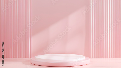 Product podium 3d. Empty podium or pedestal display pink background with cylinder stand abstract blank product shelf standing backdrop front view focus ideal luxury sleek pedestal pictorial space