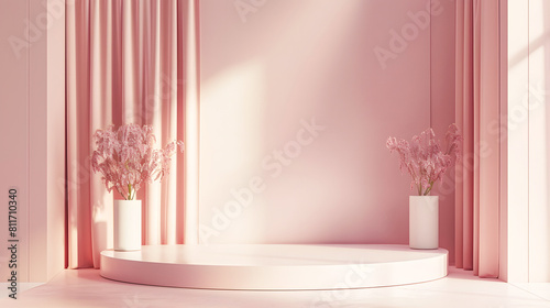 Product podium 3d. Empty podium or pedestal display pink background with cylinder stand,abstract blank product shelf standing backdrop,front view focus ideal luxury sleek pedestal pictorial space