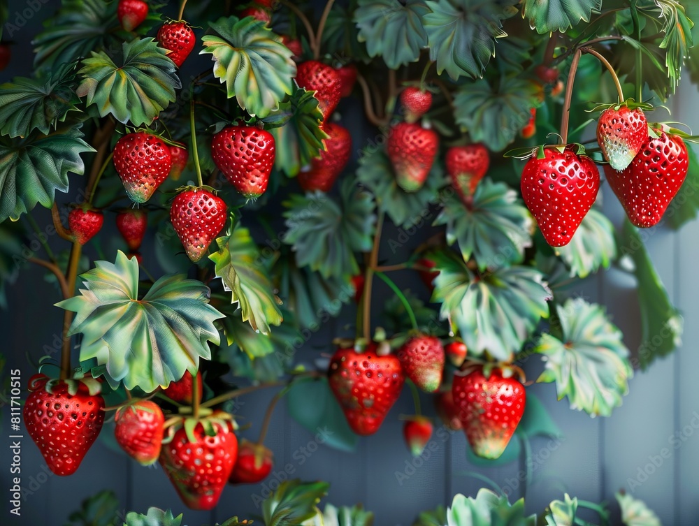 A plant with red strawberries hanging from it. A plant with red strawberries hanging from it.