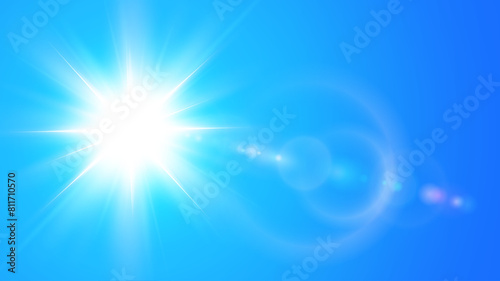 Sunny background, sun with lens flare on blue sky, hot weather concept, summer background illustration.