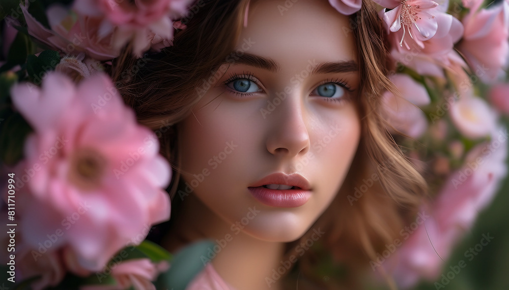 Portrait of a young woman adorned with pink flowers in her hair and background
Portrait of a young woman adorned with pink flowers in her hair and background
