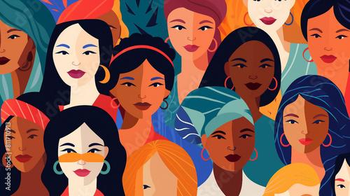 Celebrate International Women's Day with this vibrant flat vector illustration featuring diverse female portraits from various cultures and nationalities on a repeatable patterned background, perfect  © Spear